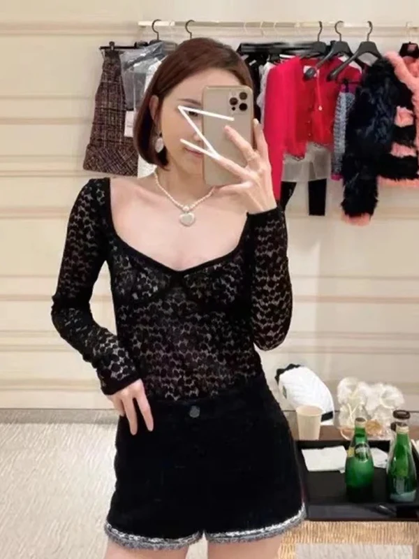 

Erosi Sexy Low Cut Lace Hollow out Long Sve Suit Slimming Retro Sle Women's Jumpsuit High Waist ort Pants