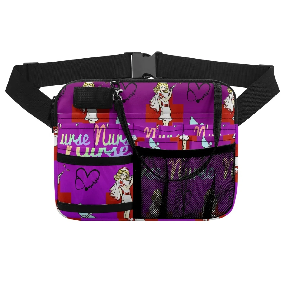 Purple Cartoon Heartbeat Nurse Print Ladies Waist Bag Healthcare Design Belt Bag Hospital Work Portable Shoulder Fanny Pack 2023