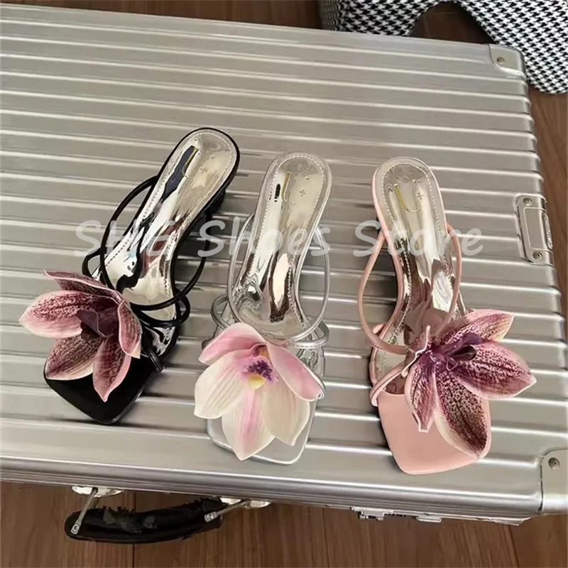 

3D Orchid Flowers Decor Square Toe Narrow Band Sandals for Women Shallow Slip-On Slingback Pumps Ladies Hight Heels Slippers