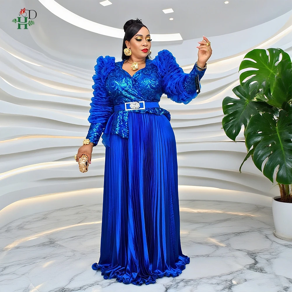 

Plus Size African Women's Sequin Top with Ruffled Sleeves with Belt Gown Pleated Maxi Skirt Set for Galas Weddings and Parties