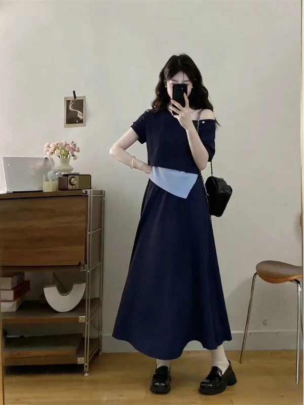 

plus Size Summer Outfit Women's Shoulder Bared Asymmetrical Top High Waist Skirt Two Piece Set Breathable Medium Weight