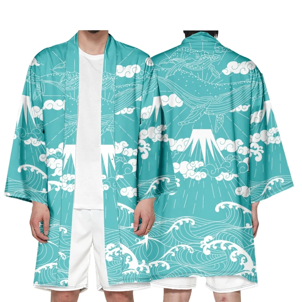 

Traditional Samurai Kimono Men Japanese Anime Wave Dragon Print Cosplay Haori Female Women Cardigan Yukata Shirt Summer Robe