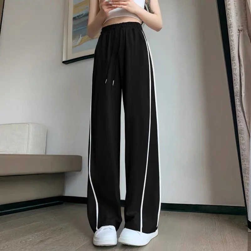 Calça esportiva feminina de seda gelo, primavera e verão, fina, novo estilo, solta, cintura alta, casual, secagem rápida, duas barras, reta, pernas largas