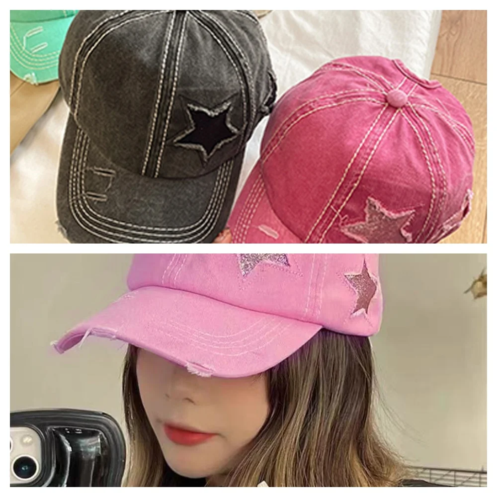 

Кепка с вышивкой звезд, шляпа с пентаграммой, декор с сломанными отверстиями, регулируемая уличная шляпа Snapback, ажурный предмет, хвост, высокая кепка с хвостиком