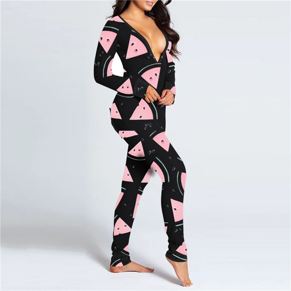 Vrouwen Sexy Pyjama Rompertjes Button-Down Front Functionele Dichtgeknoopt Flap Volwassenen Pyjama V-hals Lange Mouw Jumpsuit Vr