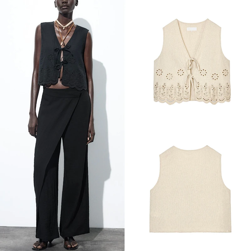 

Z Women's Faionable Hollow out Embroidered Linen Blend Vest Versatile Summer Commute Sle V-ne Belted Polyester