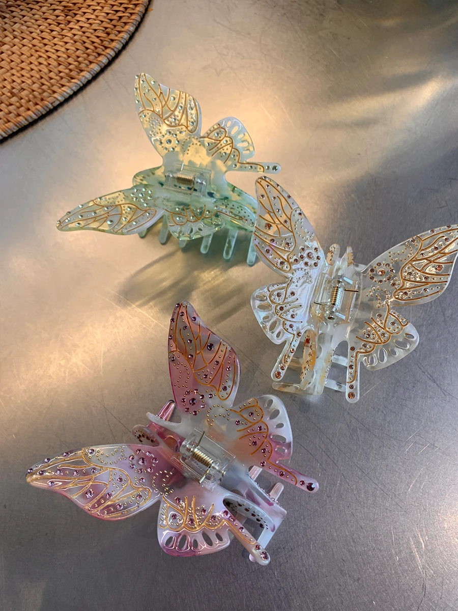 

Glazed three-dimensional butterfly large grab clip full back of head, high-quality diamond-set disc hair shark clip