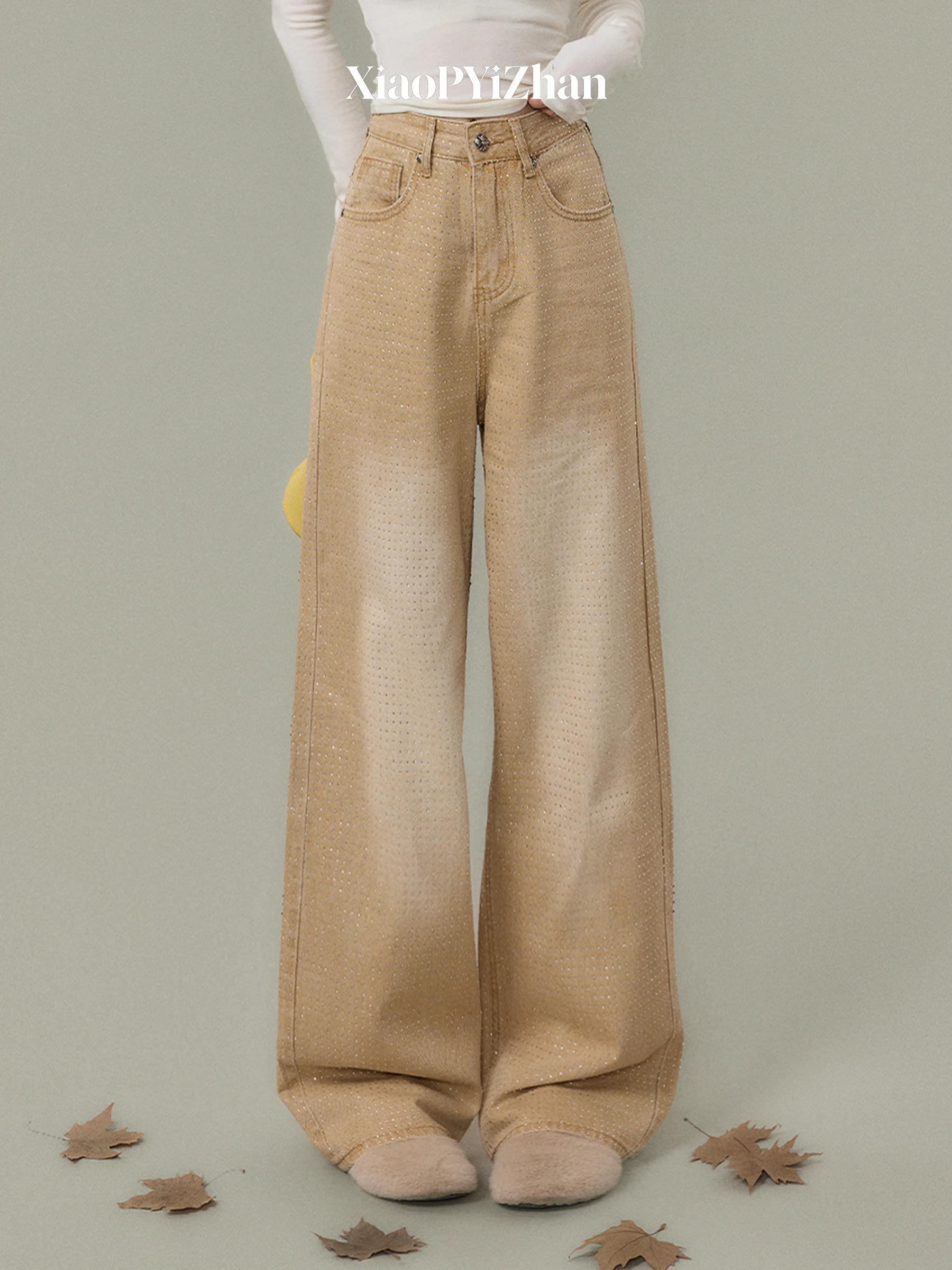 

Американские ретро-джинсы цвета хаки для женщин, с высокой талией, широкими штанинами, прямые, длинные брюки от Little P Clothing Station