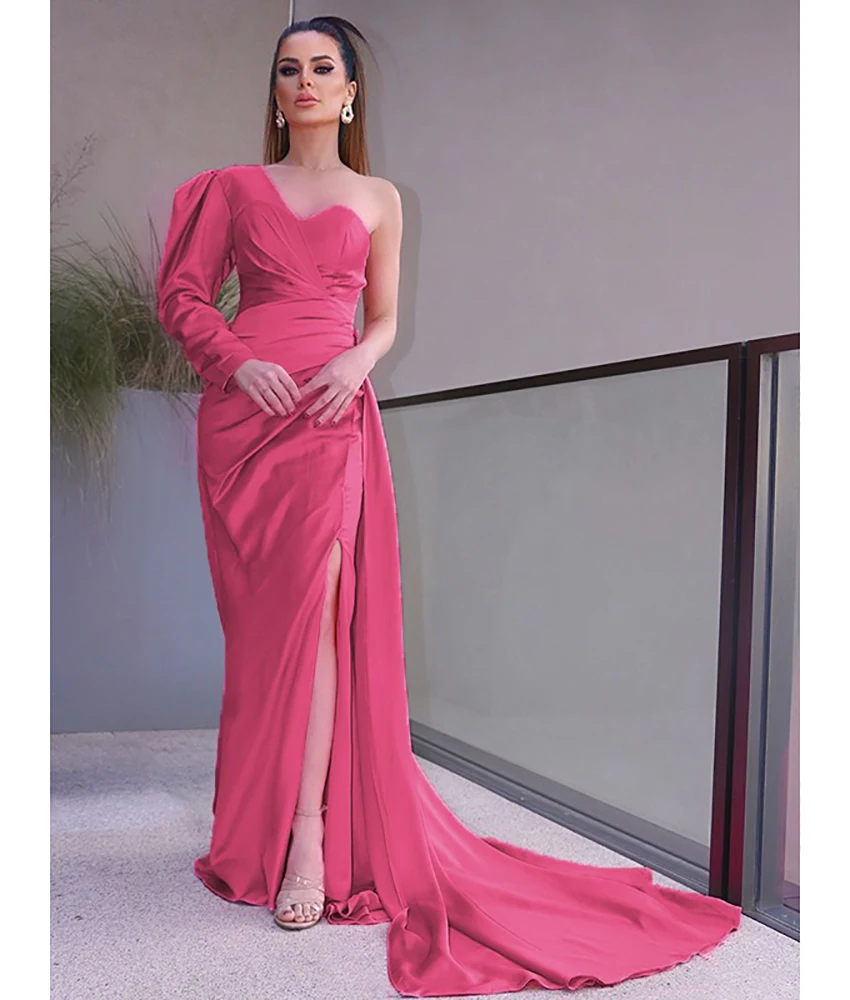 

Customized Sexy Satin Mermaid One Shoulder Evening Dress Temperament Sweetheart Long Sleeves Floor Length فساتين سهرة