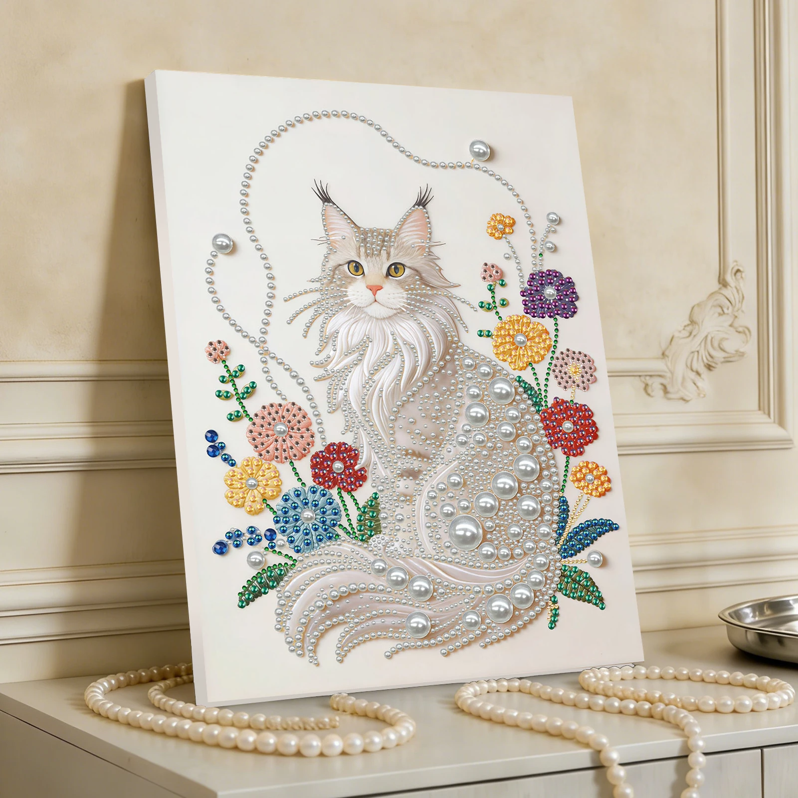 

White Cat DIY Pearl Dot Painting With Frame Pearl Art Painting 30x40cm for Home