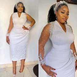 Customized  V Neck Shinny Pearls Short Wedding Dress For Bride African Plus Size Illusion Full Sleeves Tea Length Bridal Gown