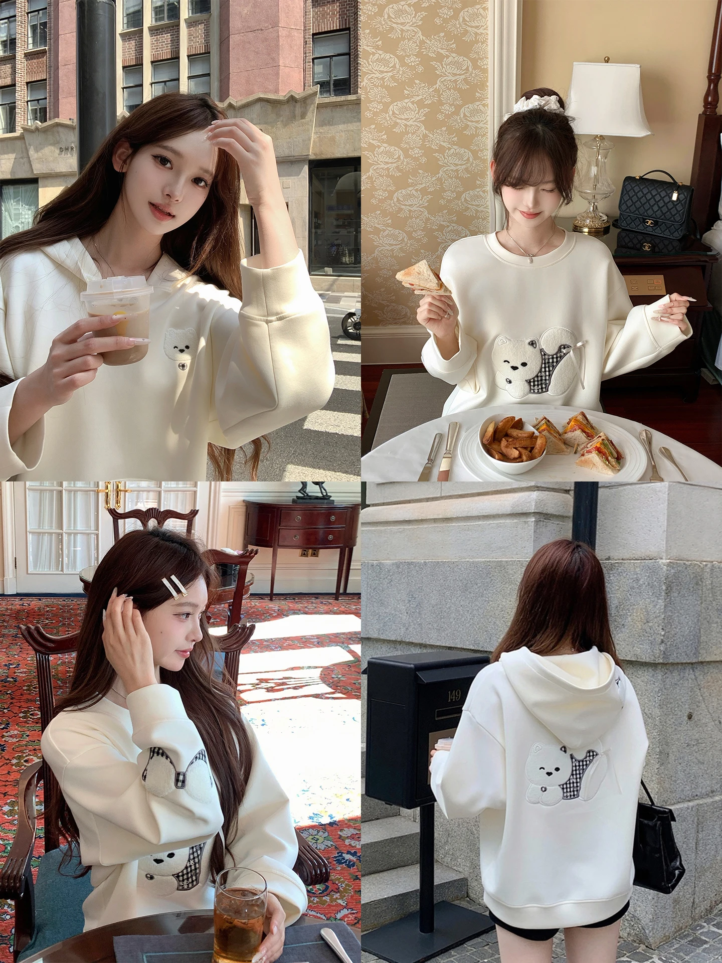 

CreamySweet Original Cute Dog Embroidery Hoodie Women's round Neck Pullover Sweatshirt Korean Style Long Sleeve Cotton Blend