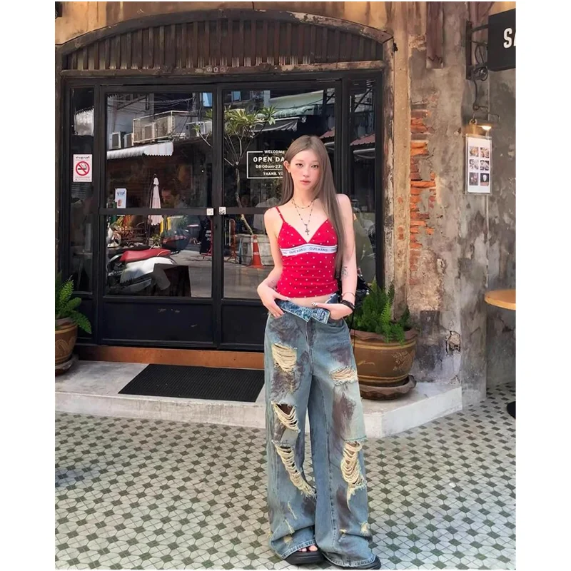 

Blue High Waist Women Jeans Vintage Straight Casual Baggy Ripped Y2K Street American Wide Leg Female Trouser LOOSE Denim Pants