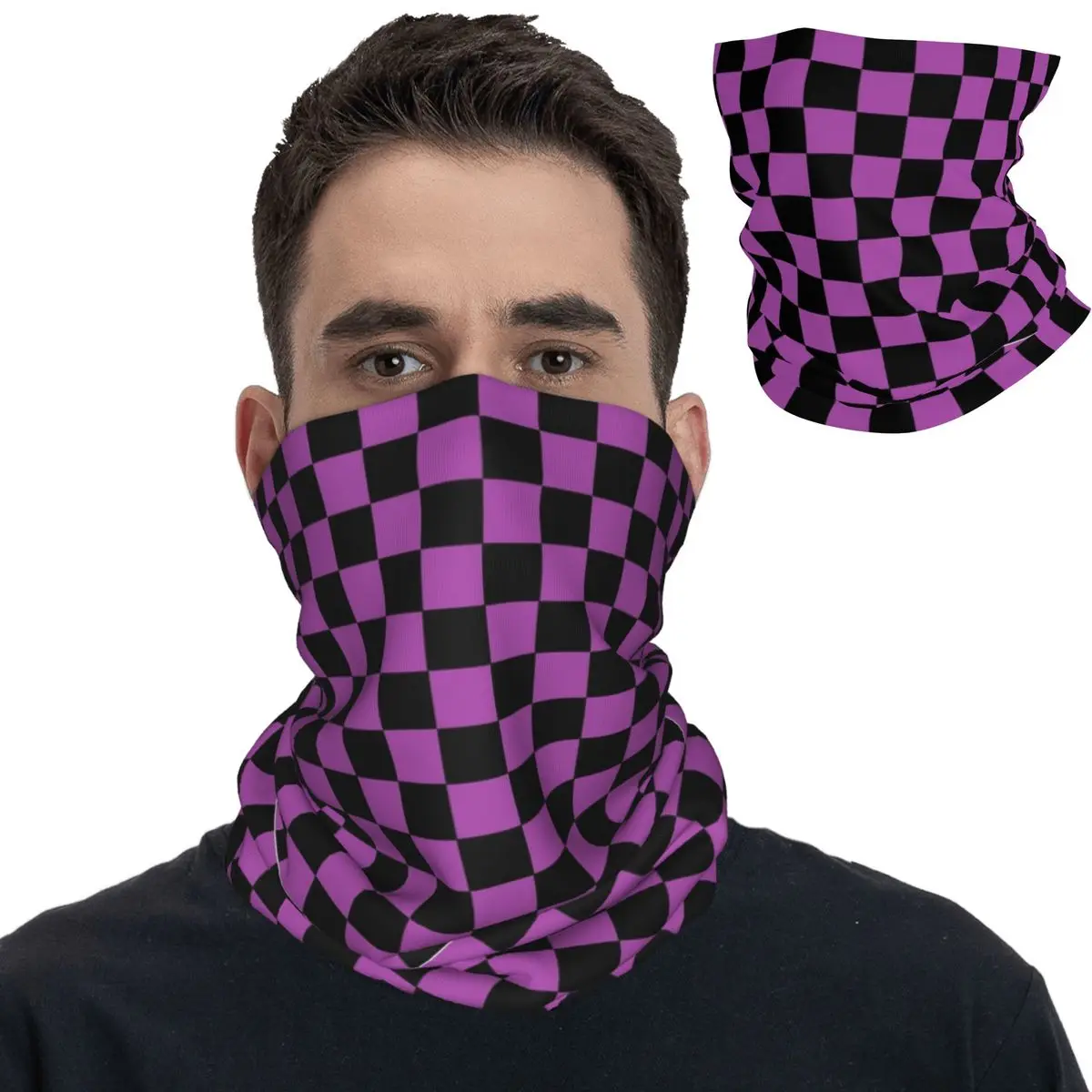 Checkered Purple And Black Bandana Neck Gaiter Printed Balaclavas Magic Scarf Multifunctional Headband for Men Women Adult