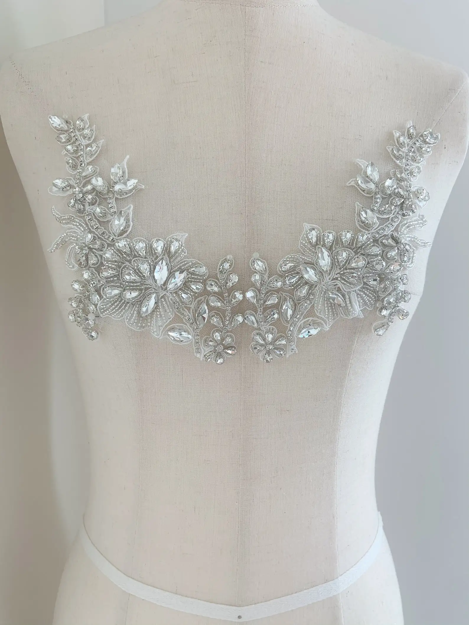 

1 Pair Silver Rhinestone Bodice Applique with Florals Motif for Couture Costume