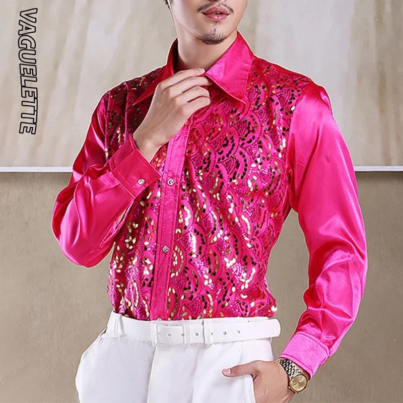 

Luxury Sequins Ruffles Tuxedo Shirts For Men Red/Pink Wedding Stage Clothes Formal&Casual Shirt Men Long Sleeve S-L