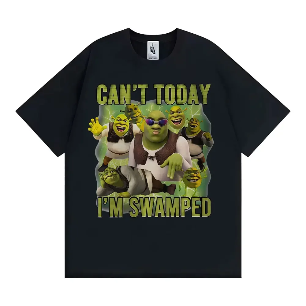 Camiseta Gráfica Vintage 'Hoje Estou Atolado' com Meme Engraçado do Shrek, Unissex, Casual, de Algodão, Oversized
