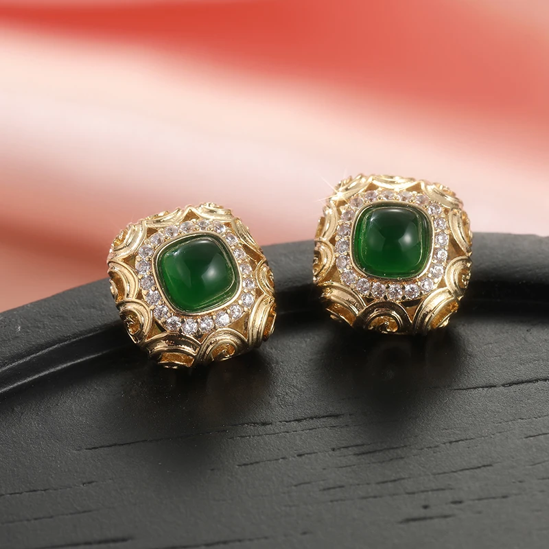 Exquisite Vintage Hand Carved Stud Earrings for Women's Elegant Green Square Chalcedony Ear Stud Fashion Perfect Christmas Gifts