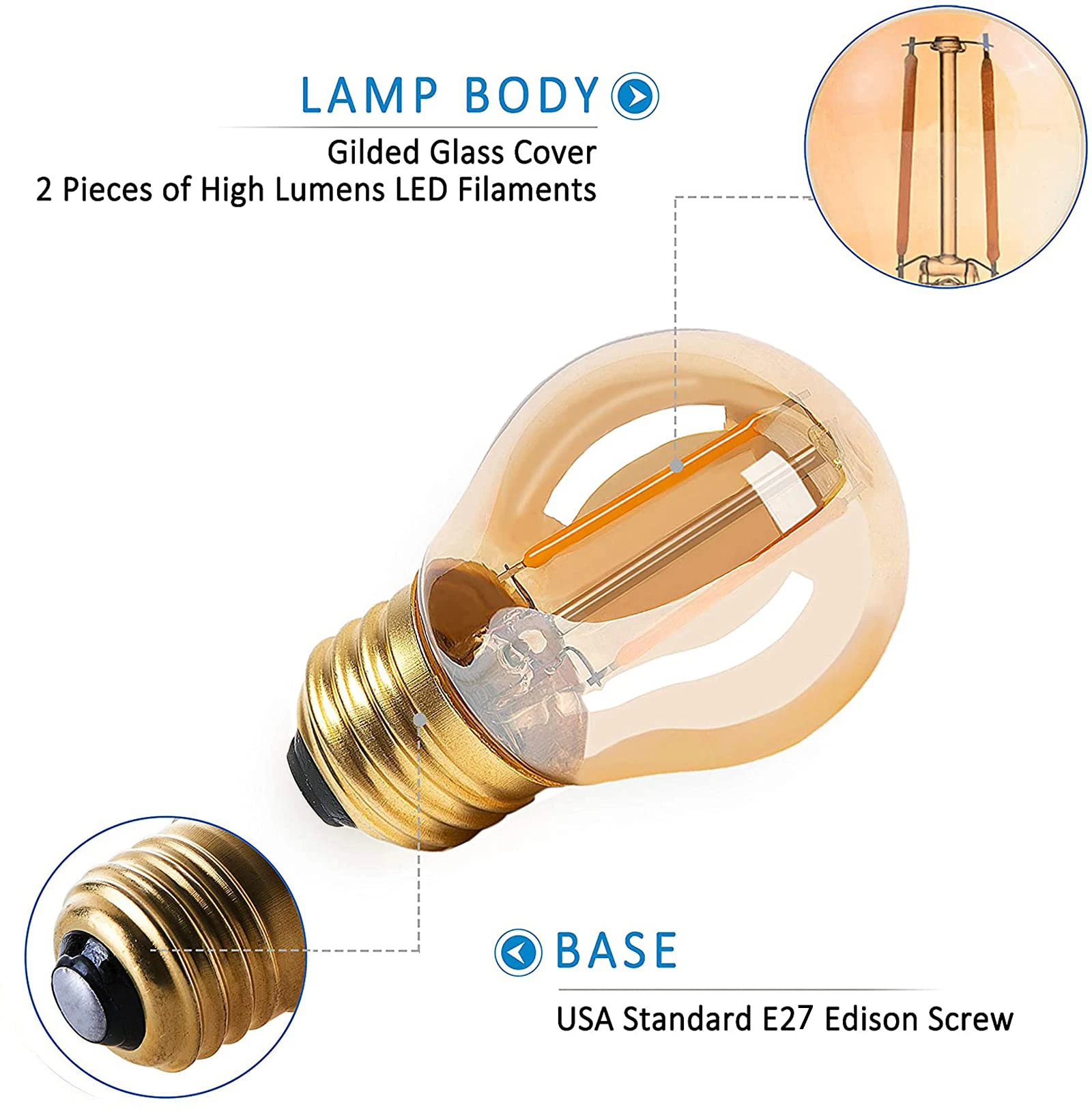 Genixgreen Low Voltage DC 12V G45 LED Light Bulb E27 Base 2W Amber Glass Warm White 2200K RV Camper Decor Solar Battery Bulbs