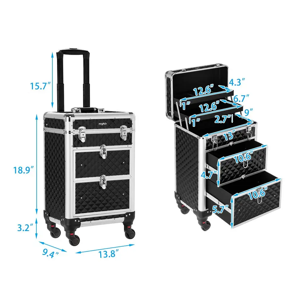 Portable Aluminum Rolling Makeup Case with Lock, Wheels & Drawers for Travel Organizer view 2