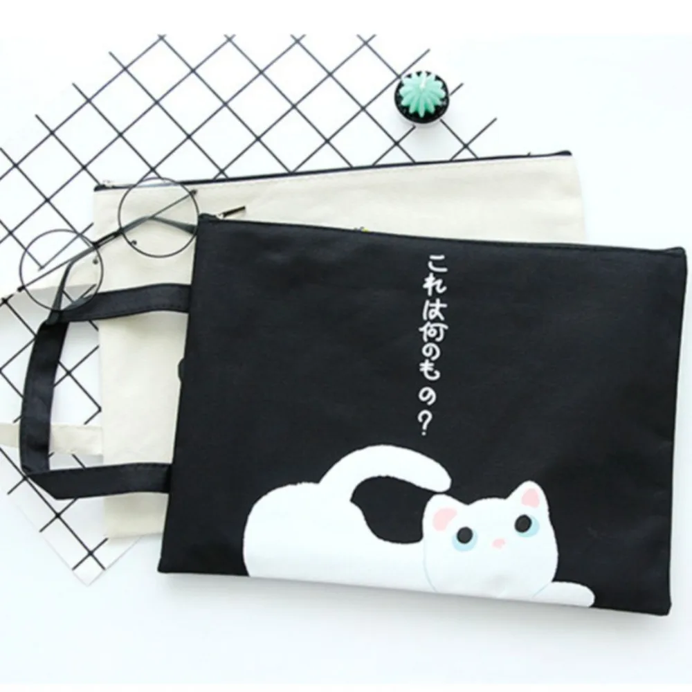 Zipper Document Bag Portable Cat Picture A4 Paper Storage Bag Canvas School Supplies Handbag