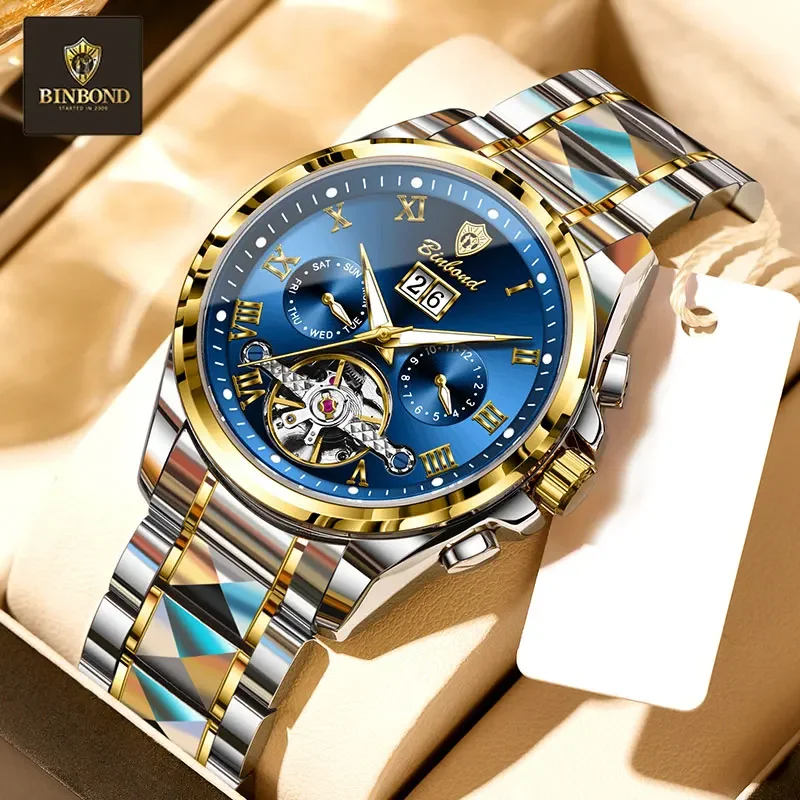 

BINBOND Лучшие роскошные автоматические механические мужские часы с датой, водонепроницаемые наручные часы, новые мужские часы с полым турбийоном из нержавеющей стали