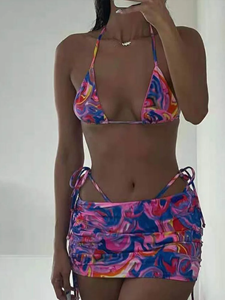 Sexy Tie Dye Bikinis Skirts 3 Piece Set Women Split Swimsuit Backless Lace Up Vacation Style Bikinis 2026 New Summer Bikinis Set