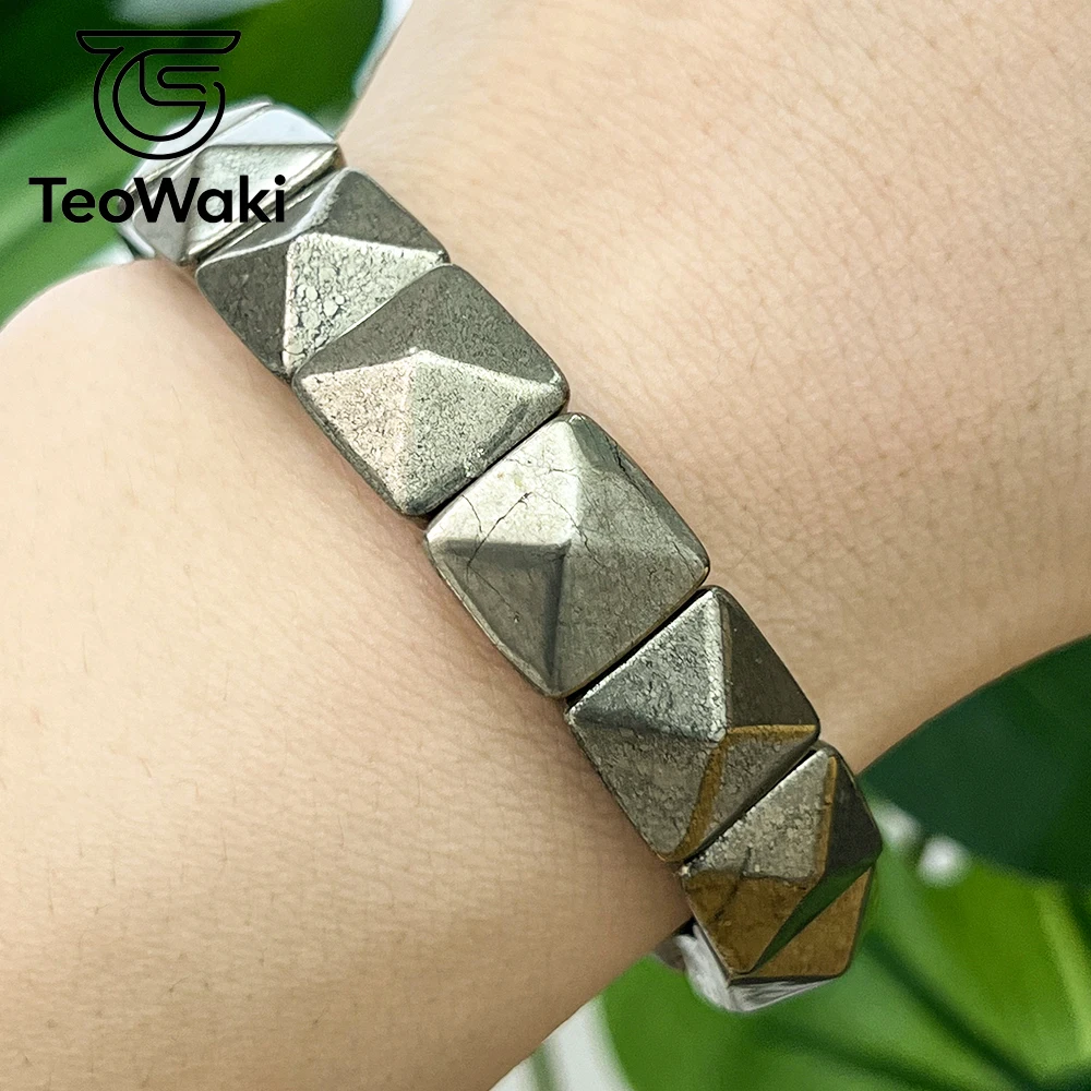 TeoWaki Faceted Square Pyrite Stretch Bracelet Double Hole Flat Bar Bead Metallic Matte Texture Office Daily Jewelry Gift18-19cm