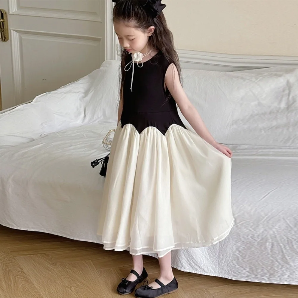 Round Neck Children Princess Dress Sleeveless Black White Kids Korean Long Dress Long Loose Girls Splicing Mesh Skirt Kids Girls
