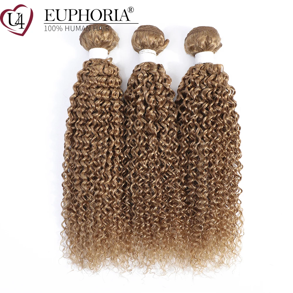 Kinky Curly Blonde Remy Hair 3 Bundles 27# Color Brazilian Human Hair Weaving Extensions 3/4 Pcs Bundles Wefts Euphoria