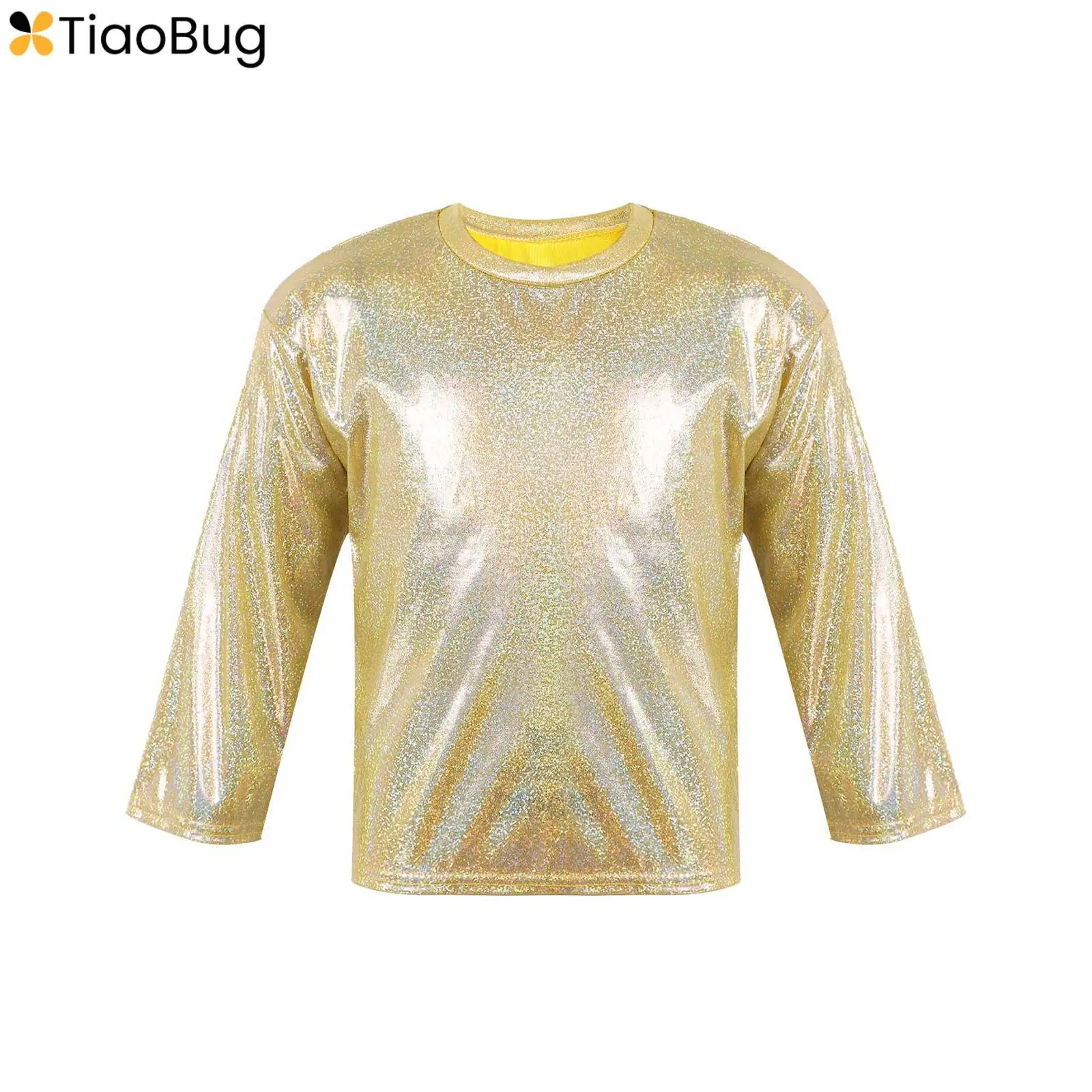 

Kids Boys Girls Metallic Shiny Jazz Hip Hop Latin Dance Crop Top Long Sleeve Athletic Shirt Disco Performance Costume Dancewear