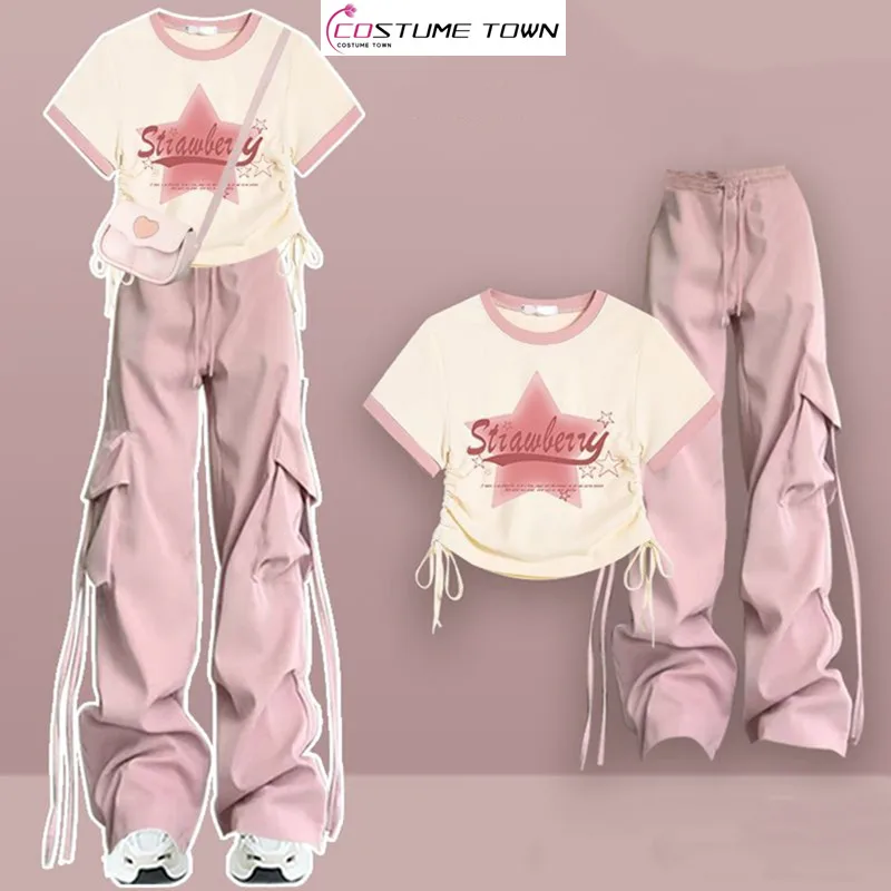 

Spring/Summer Korean New Sweet Women's Set Colored Versatile Cool T-shirt+Fashionable Loose Wide Leg Pants