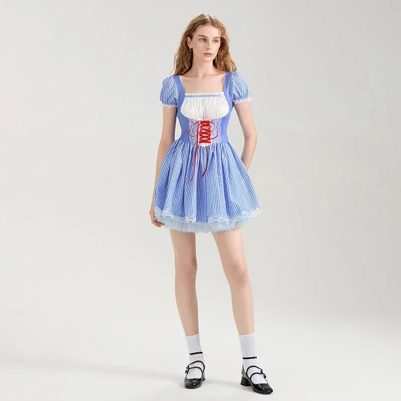 Women Cosplay Dress, Short Sleeve Square Neck Lace Patchwork Plaid Mini Dress Halloween A-line Dress