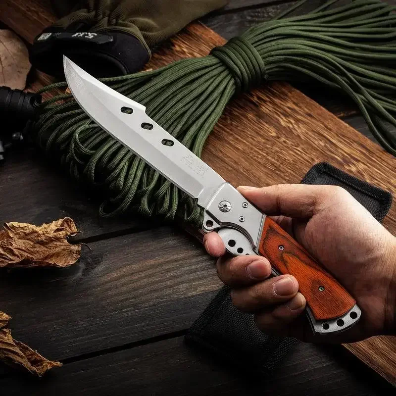 440C Outdoor folding knife, 420 steel inset colored wood handle, camping Survival Tactics Hunting self-defense multi-purpose EDC