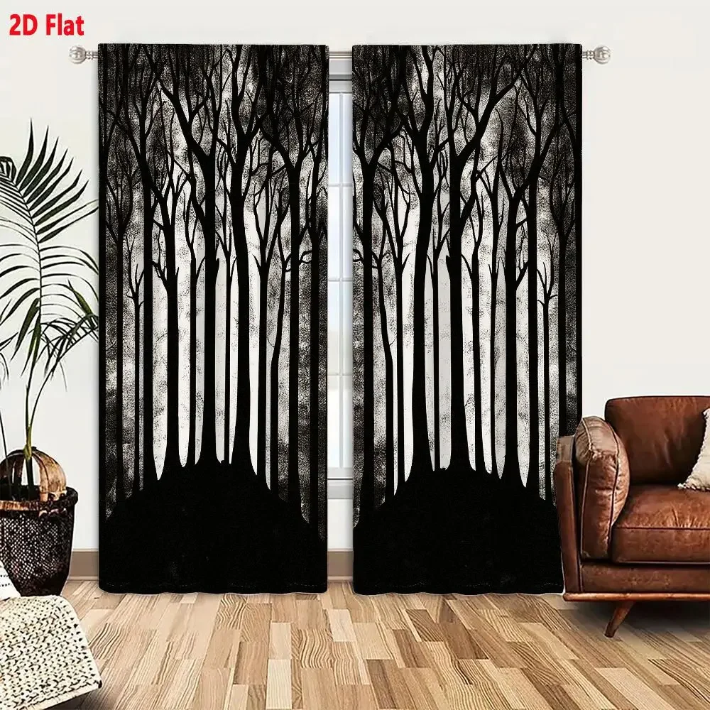 Dramatic Black and White Forest Silhouette Curtain Panels for Living Room Home Decor Window Treatment