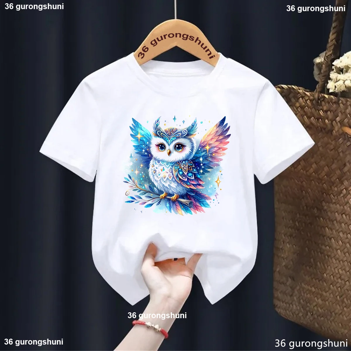 Sparkling Owl Animal Print Girls T Shirt Fashion Kawaii Kids T-Shirt Summer Girls Clothes Owl Artwork Print Tshirt Boys Blue Top