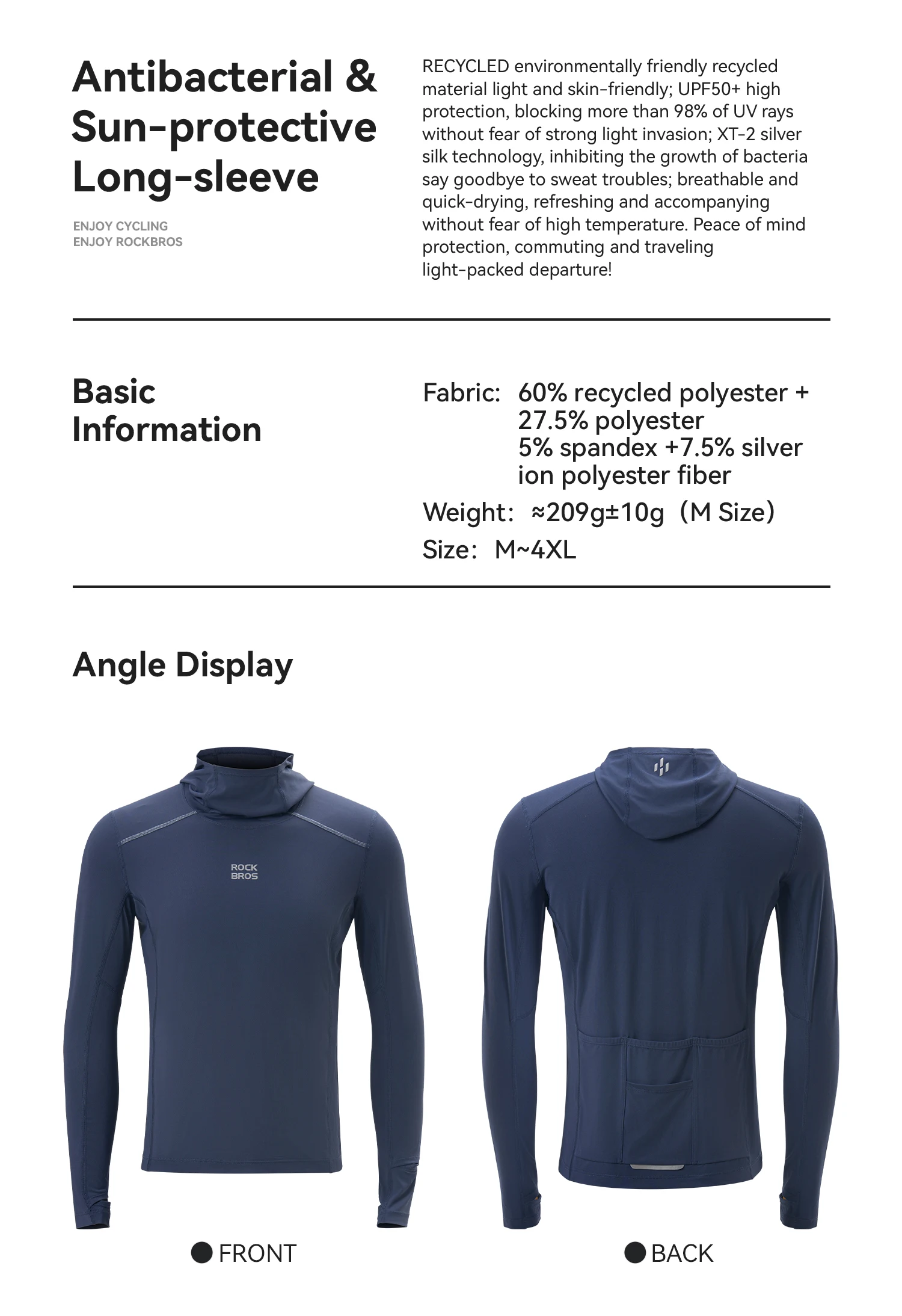 ROCKBROS Kapuzen-Sweatshirt mit langen Ärmeln, atmungsaktiv, sonnenschützend, für Fitnessstudio und Sport, aus umweltfreundlichem Stoff, schnelltrocknend, Fahrradbekleidung. – Detail 2
