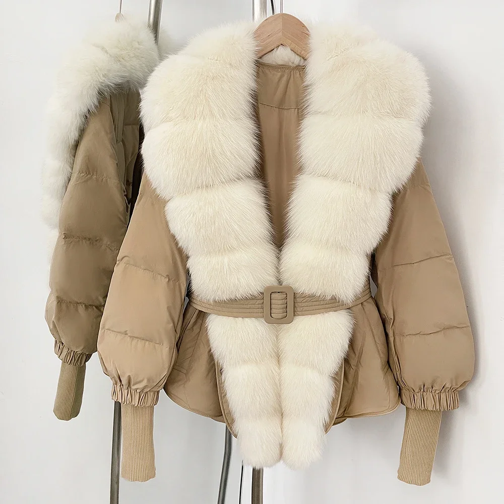 OFTBUY Fur Jacket Thick New Autumn Winter White Duck Down Coat Warm Female Belt Natural Fox Fur Fluffy Puffer Jacket Women