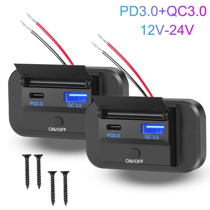 12V USB Outlet Surface Mount Lightweight PD USB C 30W and QC 3.0 18W Ports Replacement Charger Socket Panel with Button Switch