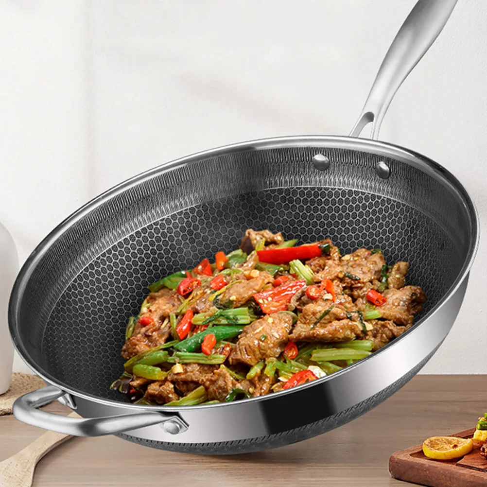 

Stainless Steel Wok 34cm Double Handles Non Stick Honeycomb Cooking Pan Fry Steam Kitchen Cookware Gas Stove Compatible Easy