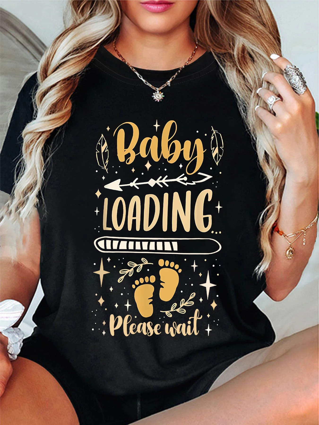Aliexpress Wo's Maternity Statement T-Shirt - Gold Footprint Letter Print, Belly-Friendly Short-Sleeve Round-Neck Top, Casual Style for Spring and Summer Suitable for Expectant Mothers, Machine Washable Maternity Wear - Aliexpress Deal