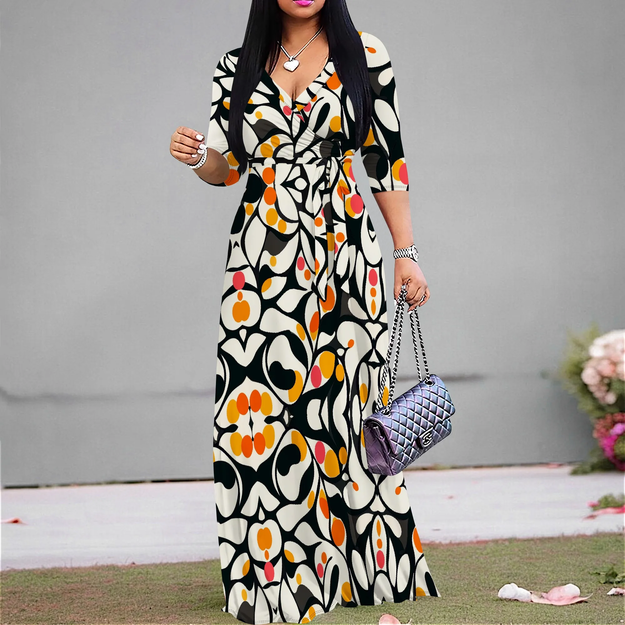 Floral V-Neck 3/4 Sleeve Wrap Maxi Dress with Belt - Women's Bold Elegant Party Evening Resortwear Date Night