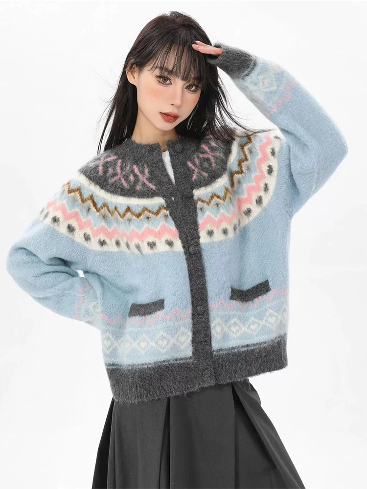 

Blue Jacquard Knitted Cardigan Women Sweet Long Sleeve O Neck Lazy Wind Sweater Vintage Fall Winter Loose Casual Button New Tops