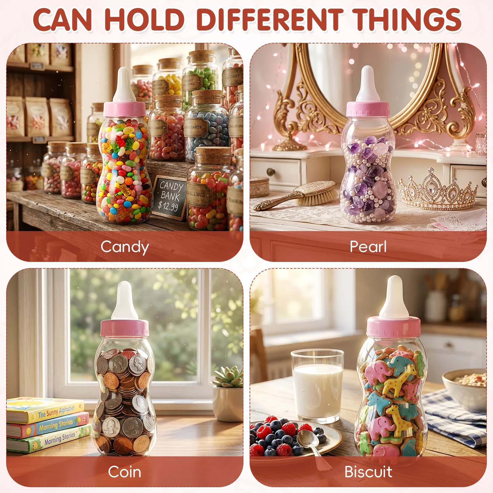 Pink PVC Bottle Piggy Bank Saving Pot for Money Box Desktop Ornament Childrens Room Decoration Birthday Present