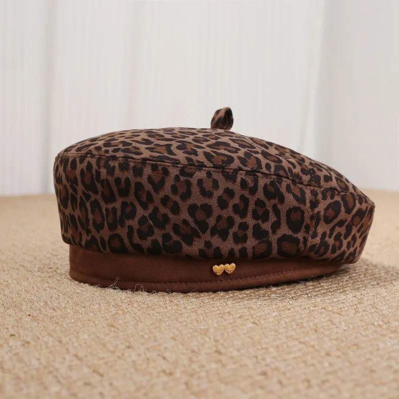 Retro Leopard Print Beret Hat for Women Autumn Winter Newsboy Cap Painter Hat Slimming Face Look