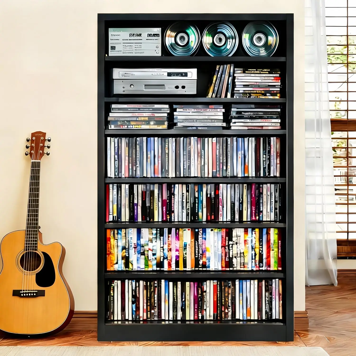 Metal DVD Cabinet 7 Tier Adjustable Shelf Freestanding CD & DVD Rack Tower Living Room Home Entertainment Black, Customized