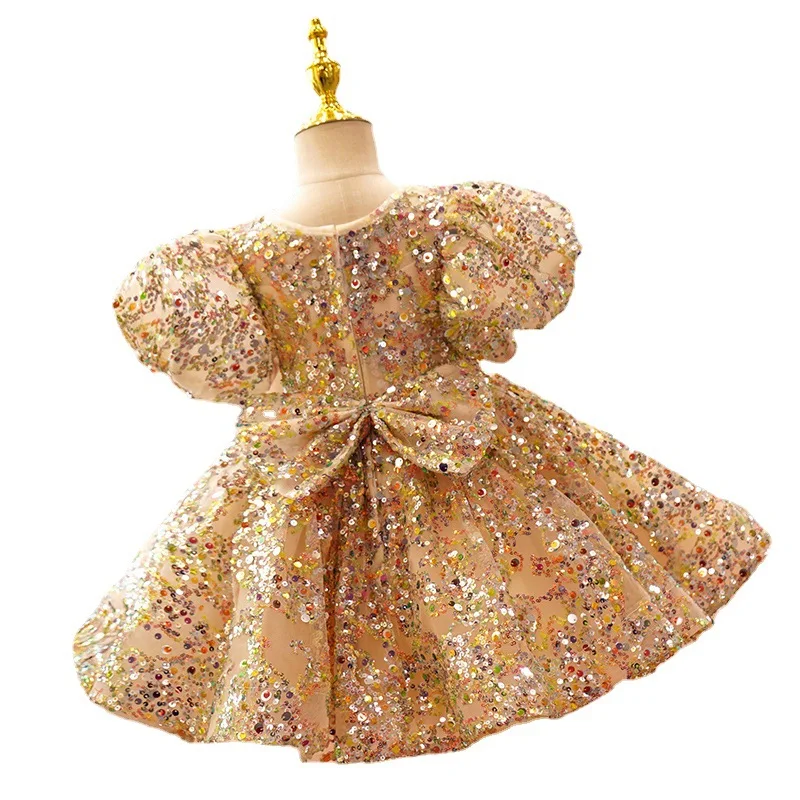 Baby Bow Birthday Princess Dress Elegant Sequin Girl Golden Lace Baptism Tutu Gown Formal Evening Party First Communion Costume