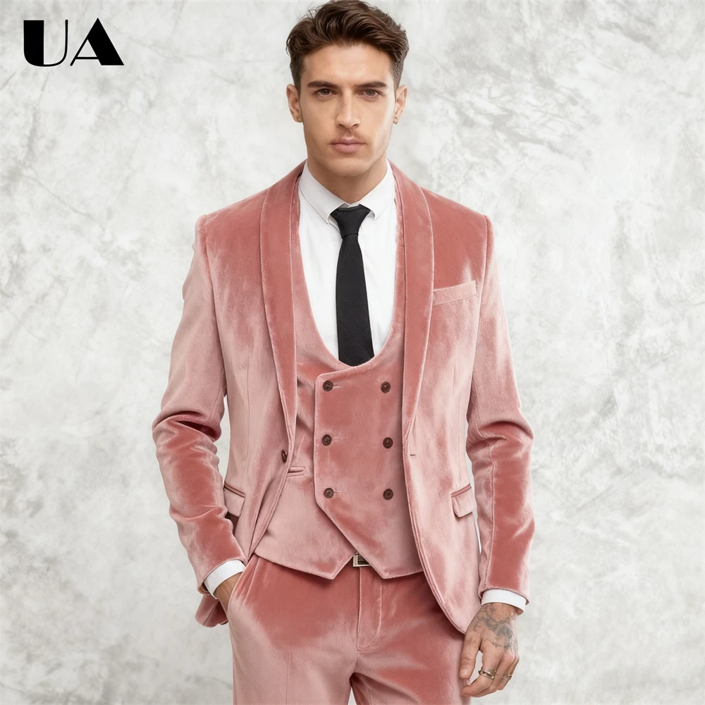 

Three Pieces Velvet Suit Set for Men, (Jacket Vest Pants) Prom Suit Attire Wedding Guest Tuxedo Tailored Fitting Mens Autumn Tux