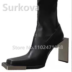 Stivali con tacco alto da donna in vera pelle, tacchi stile strano, punta quadrata, stivaletti corti, scarpe elasticizzate da donna