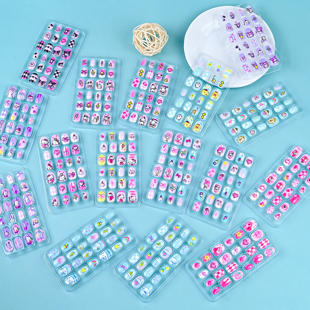 24 Stuks Miniso Cartoon Kinderen Nail Patch Kawaii Nep Nagels Verwijderbare Handgemaakte Slijtage Nagel Prachtige Accessoires Cadeau Voor Meisjes *